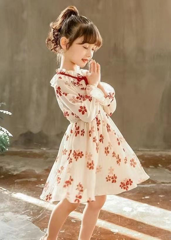 Stylish Red Ruffled Print Lace Up Chiffon Girls Dresses Flare Sleeve