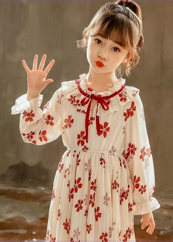 Stylish Red Ruffled Print Lace Up Chiffon Girls Dresses Flare Sleeve