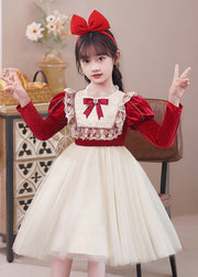 Stylish Red Ruffled Tulle Patchwork Warm Fleece Kids Girls Dress Winter