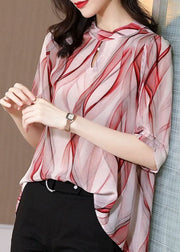 Stylish Red Stand Collar Print Patchwork Chiffon Blouse Top Summer