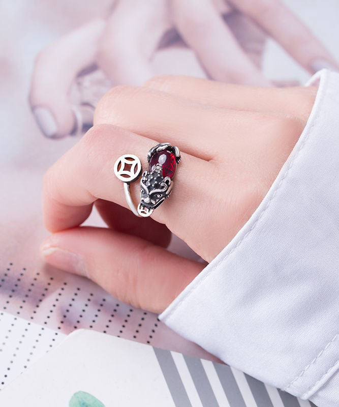 Stylish Red Steling Silver Inlaid A Mythical Wild Animal Rings