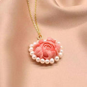 Stylish Red Sterling Silver Overgild Pearl Floral Pendant Necklace