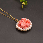 Stylish Red Sterling Silver Overgild Pearl Floral Pendant Necklace