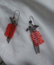 Stylish Red Sterling Silver Tassel Hoop Earrings