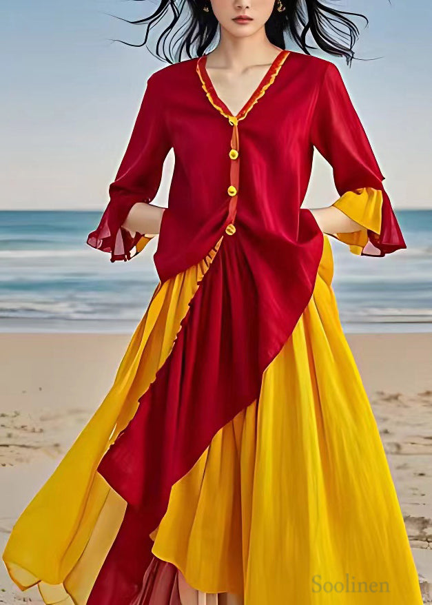 Stylish Red V Neck Asymmetrical Patchwork Cotton Dresses Flare Sleeve