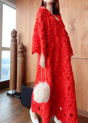 Stylish Red V Neck Hollow Out Floral Lace Long Dress Flare Sleeve