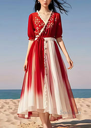 Stylish Red V Neck Print Tie Waist Chiffon Maxi Dresses Summer