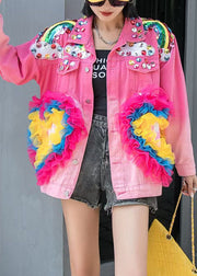 Stylish Rose Ruffled Zircon Sequins Patchwork Denim Coat Spring