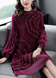 Stylish Rose Turtleneck Ruffled Patchwork Silk Velour Long Dress Fall