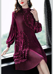 Stylish Rose Turtleneck Ruffled Patchwork Silk Velour Long Dress Fall