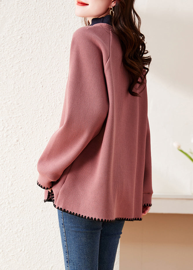 Stylish Rubber Red Stand Collar Patchwork Cotton Pullover Sweatshirt Spring