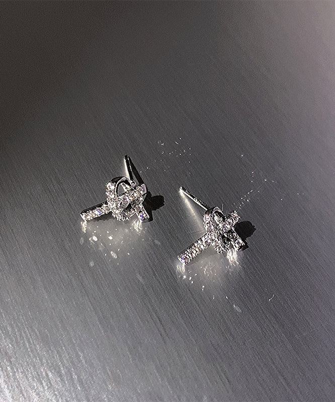 Stylish Silk Sterling Silver Zircon Love Stud Earrings