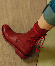 Stylish Soft Dark Red Horsehide Boots Splicing Cross Strap Zippered