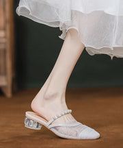 Stylish Splicing Chunky Beige Nail Bead Tulle Slide Sandals