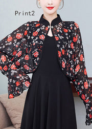 Stylish Stand Collar Print Patchwork Chiffon Cape Flare Sleeve