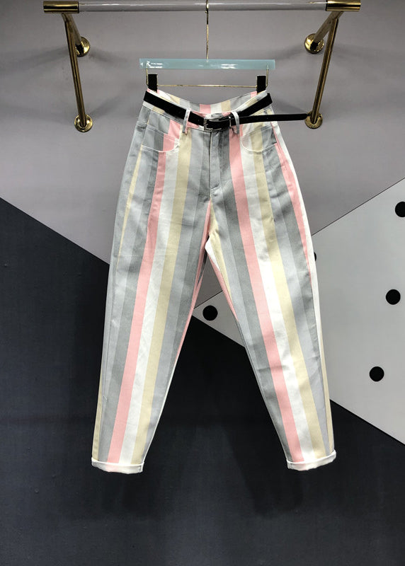 Stylish Striped Pockets Patchwork High Waist Denim Pants Fall