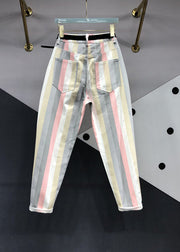 Stylish Striped Pockets Patchwork High Waist Denim Pants Fall