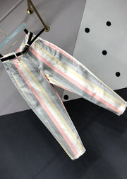 Stylish Striped Pockets Patchwork High Waist Denim Pants Fall