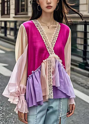 Stylish V Neck Ruffled Patchwork Cotton Blouse Long Sleeve