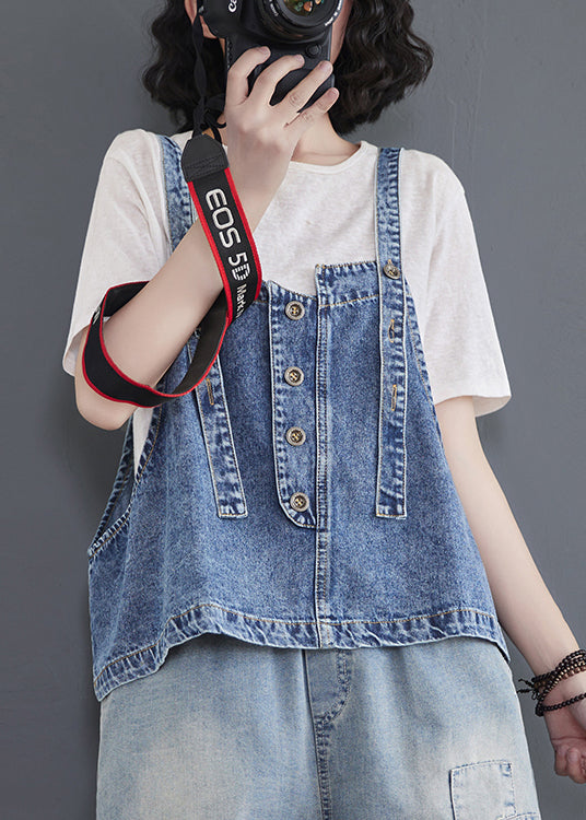 Stylish Versatile Blue Short Denim Strap Vest Sleeveless