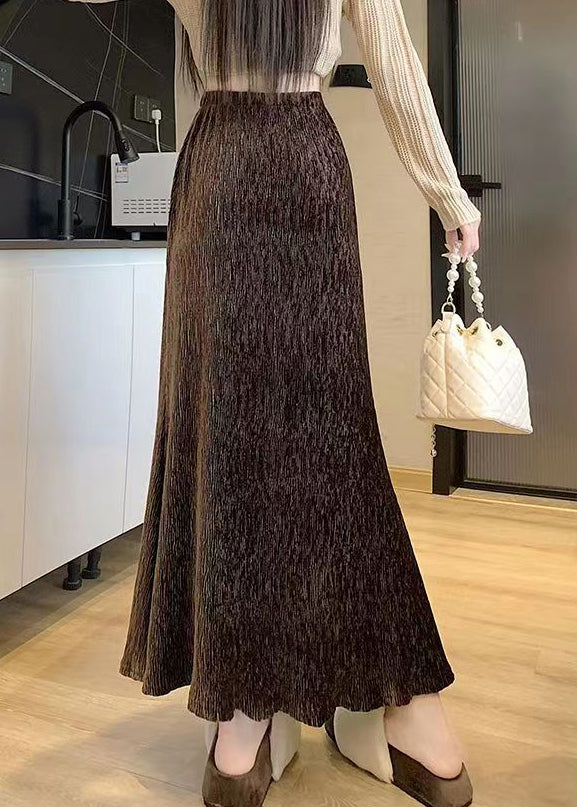 Stylish Versatile Coffee High Waist Velour Fish Tail Skirt Spring