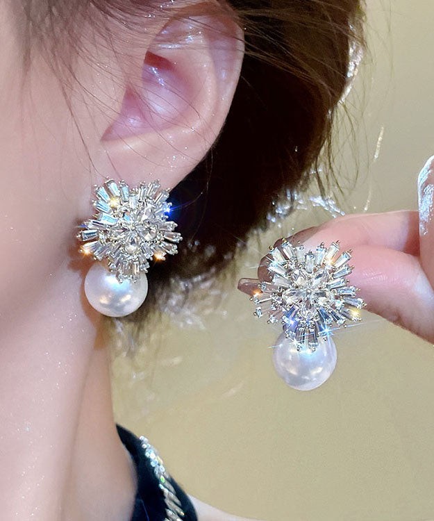 Stylish White Alloy Pearl Zircon Floral Stud Earrings