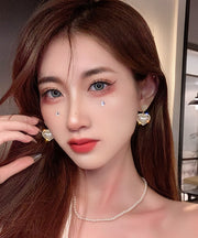 Stylish White Alloy Zircon Pearl Cat's Eye Stone Love Drop Earrings