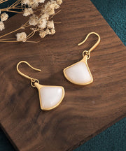 Stylish White Ancient Gold Jade Fan Shaped Drop Earrings