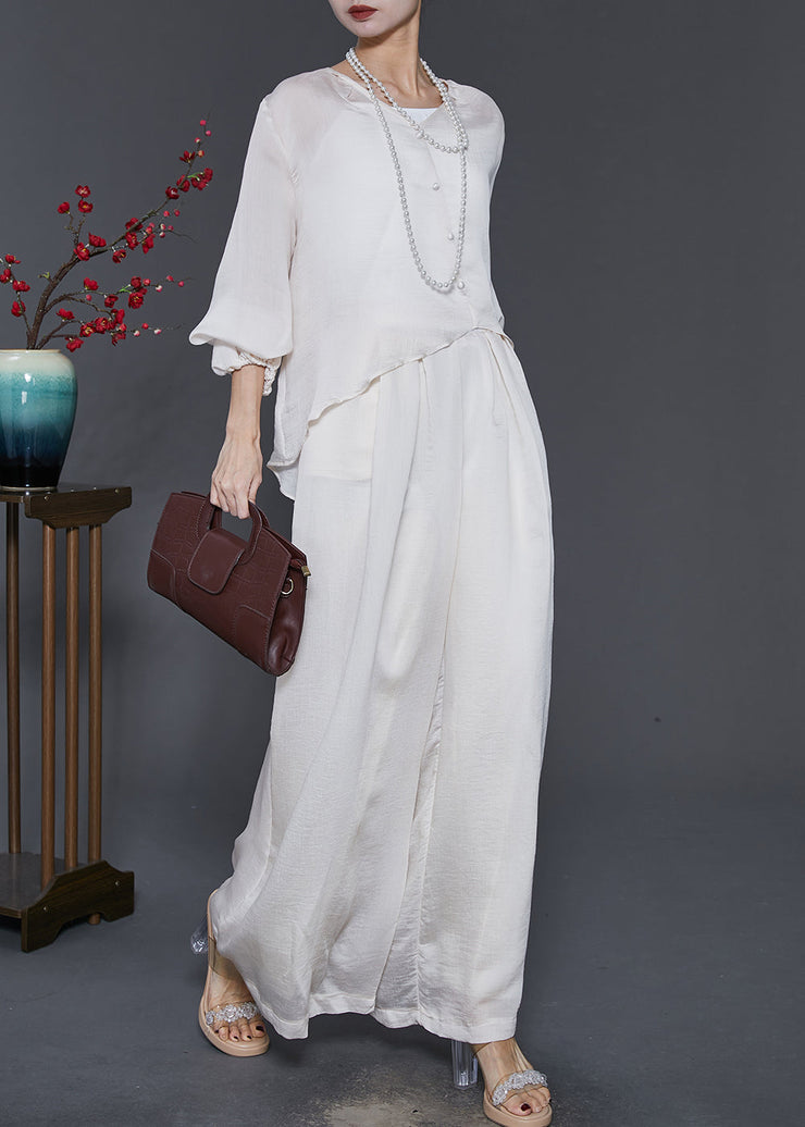 Stylish White Asymmetrical Draping Silk Two Piece Suit Set Spring