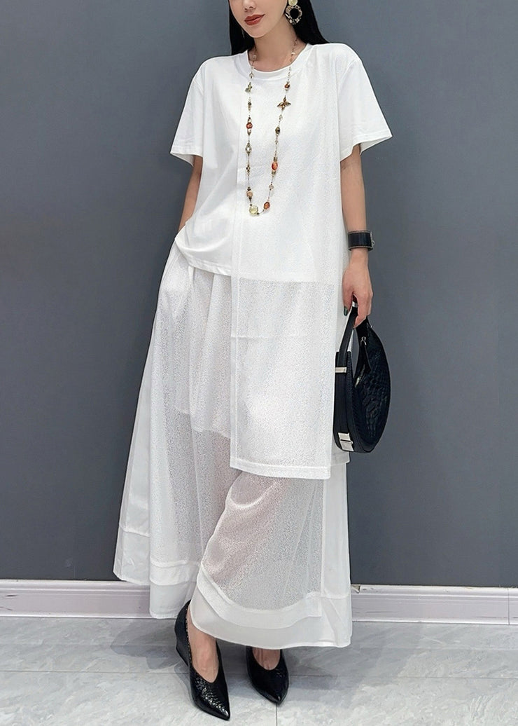 Stylish White Asymmetrical Patchwork Cotton Two Pieces Set Summer