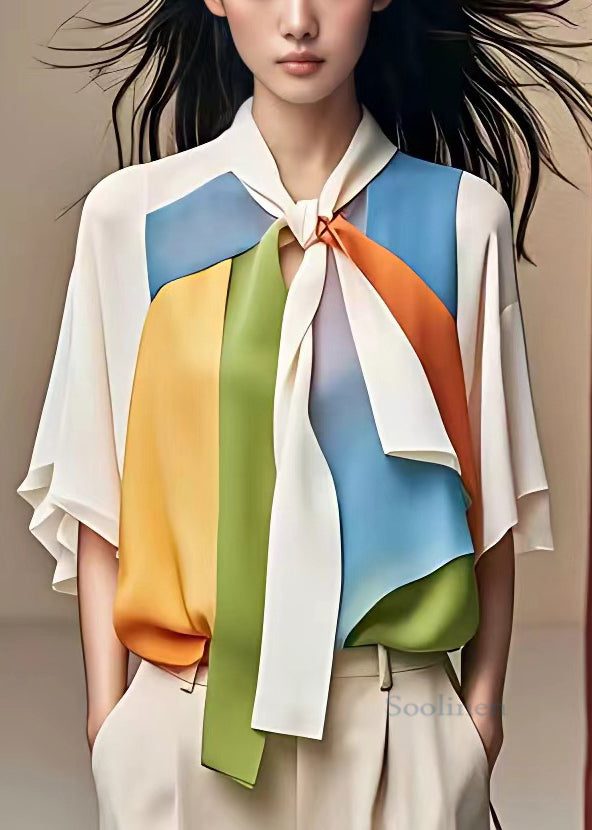 Stylish White Bow Patchwork Chiffon Shirt Half Sleeve