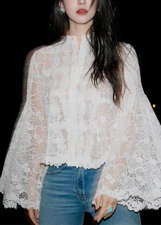 Stylish White Button Hollow Out Lace Blouses Flare Sleeve