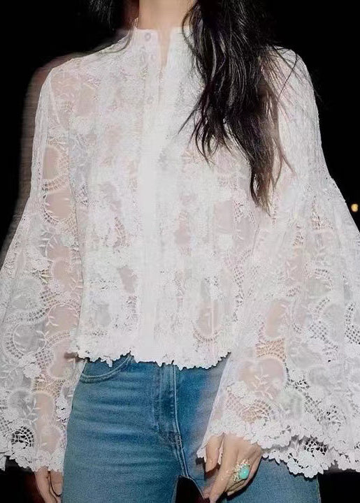 Stylish White Button Hollow Out Lace Blouses Flare Sleeve