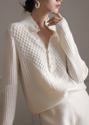 Stylish White Hign Neck Button Cashmere Sweater Tops Spring