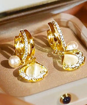 Stylish White Overgild Pearl Zircon Ginkgo Leaf Hoop Earrings