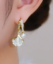 Stylish White Overgild Pearl Zircon Ginkgo Leaf Hoop Earrings