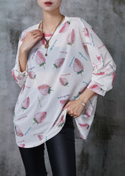 Stylish White Oversized Zircon Strawberry Cotton Shirt Tops Summer