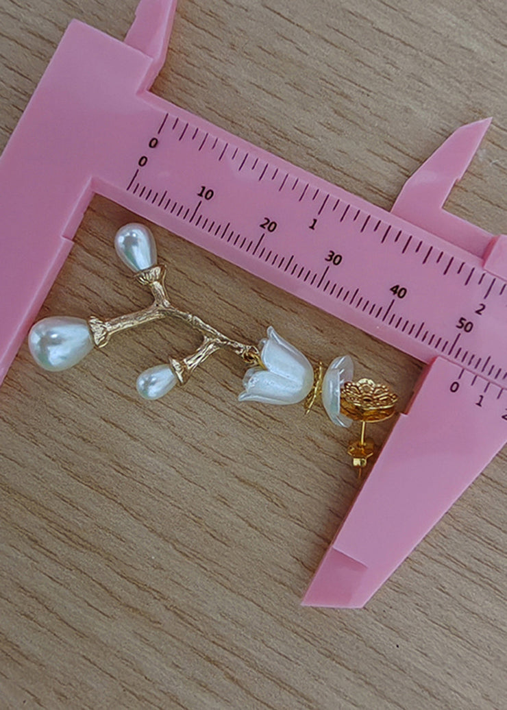 Stylish White Pearl 14K Gold Branch Drop Earrings