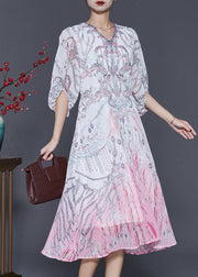 Stylish White Print Gradient Color Chiffon Beach Dresses Lantern Sleeve