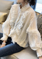 Stylish White Ruffled Button Patchwork Lace Shirts Top Fall