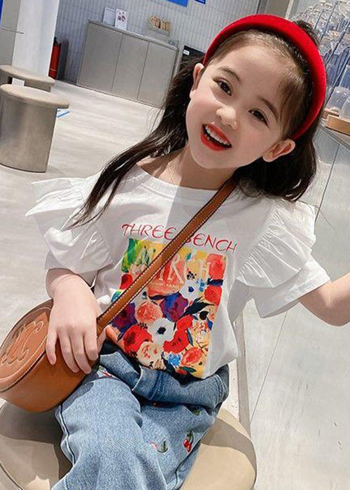 Stylish White Ruffled Print Cotton Girls T Shirt Summer