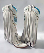 Stylish White Splicing Chunky Boots Tassel Embroidery