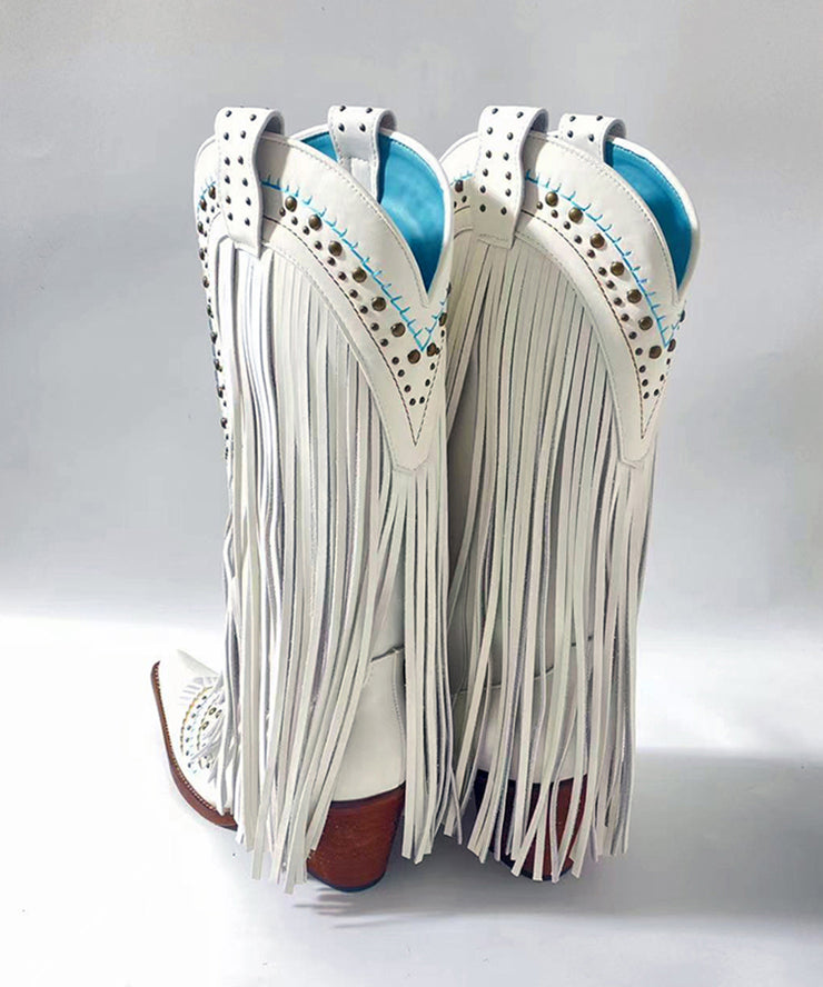 Stylish White Splicing Chunky Boots Tassel Embroidery