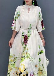 Stylish White Stand Collar Print Maxi Dresses Half Sleeve