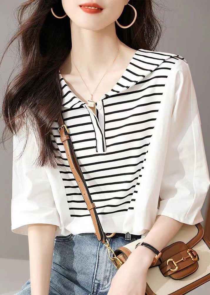 Stylish White Striped Sailor Collar Cotton Blouse Tops Summer