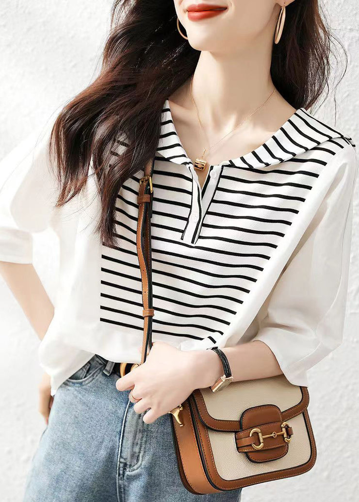 Stylish White Striped Sailor Collar Cotton Blouse Tops Summer