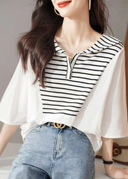 Stylish White Striped Sailor Collar Cotton Blouse Tops Summer