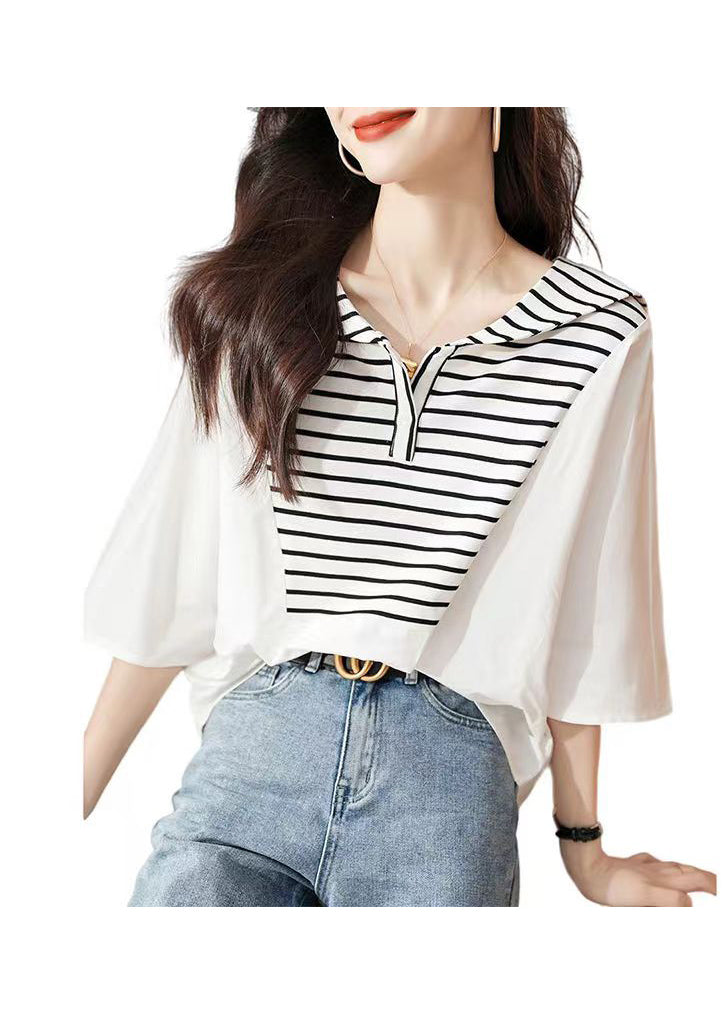 Stylish White Striped Sailor Collar Cotton Blouse Tops Summer