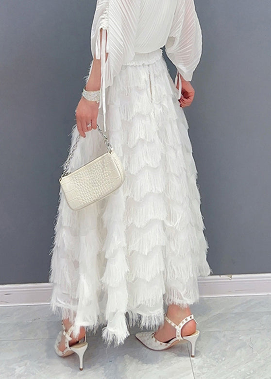 Stylish White Tassel Elastic Waist Maxi Skirt Spring