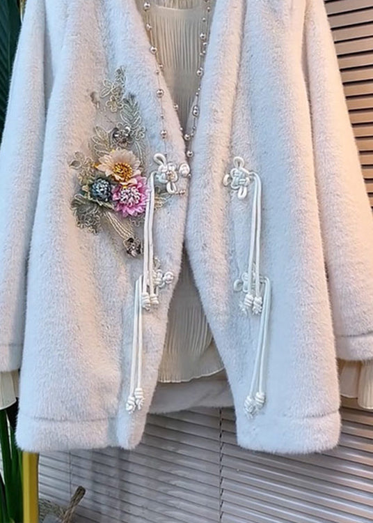 Stylish White V Neck Tasseled Floral Decorated Faux Fur Jacket Winter